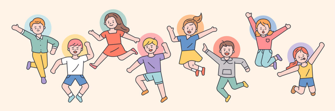 Cute children are jumping happily. flat design style minimal vector illustration.