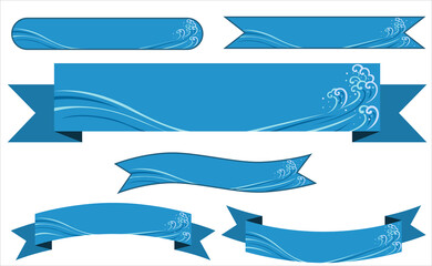 set of Japanese style blue banners decorated with wave drawn on a white background.