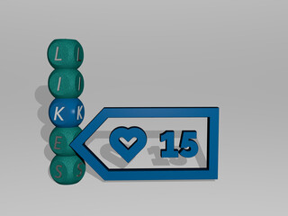 3D illustration of LIKES graphics and text around the icon made by metallic dice letters for the related meanings of the concept and presentations. background and social