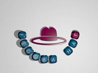 3D graphical image of fedora hat vertically along with text built around the icon by metallic cubic letters from the top perspective, excellent for the concept presentation and slideshows.
