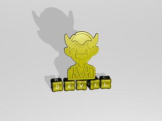 3D representation of devil with icon on the wall and text arranged by metallic cubic letters on a mirror floor for concept meaning and slideshow presentation. illustration and cartoon