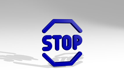 road sign stop from a perspective with the shadow. A thick sculpture made of metallic materials of 3D rendering. background and city