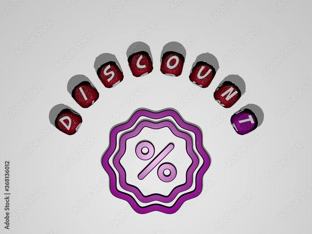 Poster 3d graphical image of discount vertically along with text built around the icon by metallic cubic le