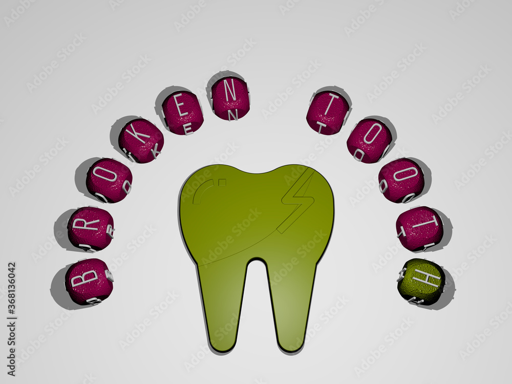 Poster 3d graphical image of broken tooth vertically along with text built around the icon by metallic cubi