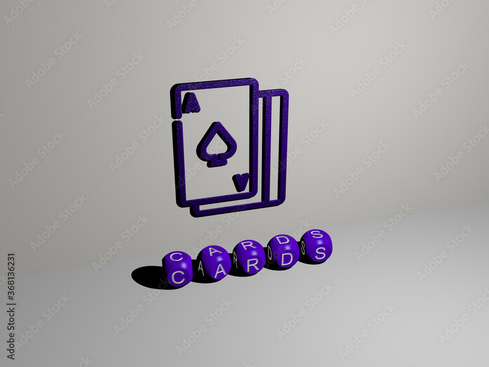 Poster 3d representation of cards with icon on the wall and text arranged by metallic cubic letters on a mi