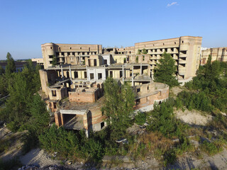 Obraz premium Abandoned construction site of Hospital. (aerial drone image)Abandoned at 1991,during Ukrainian undependence crisis. Kiev Region,Ukraine
