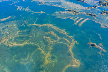 Fototapeta na wymiar Aerial view of a shallow turquoise lake with a raised sandy bottom