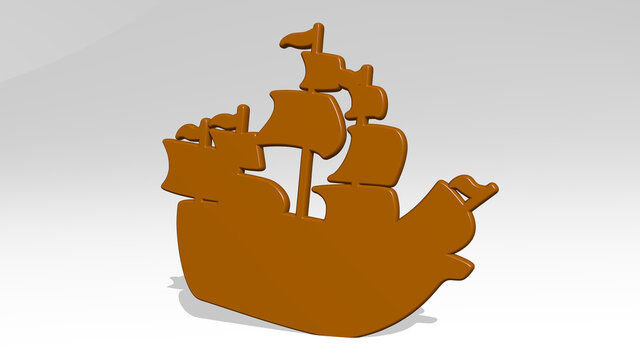 pirate ship stand with shadow. 3D illustration of metallic sculpture over a white background with mild texture. cartoon and character