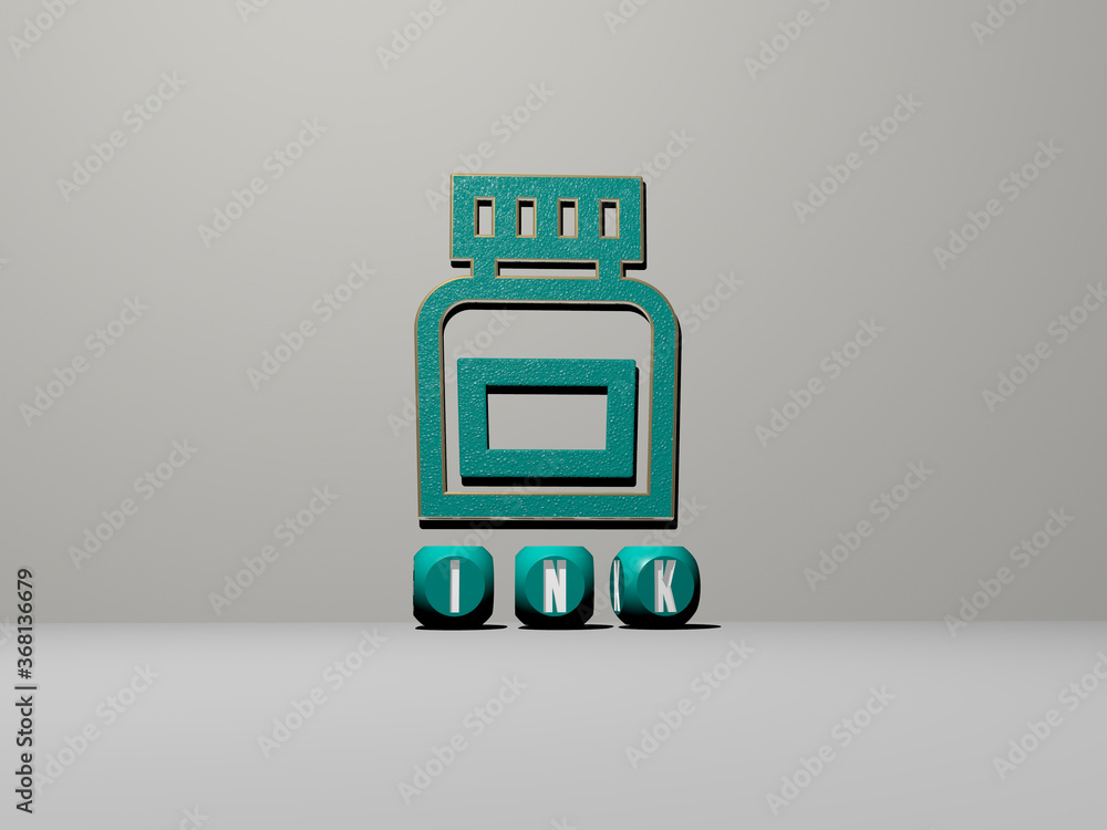 Poster 3d graphical image of ink vertically along with text built by metallic cubic letters from the top pe