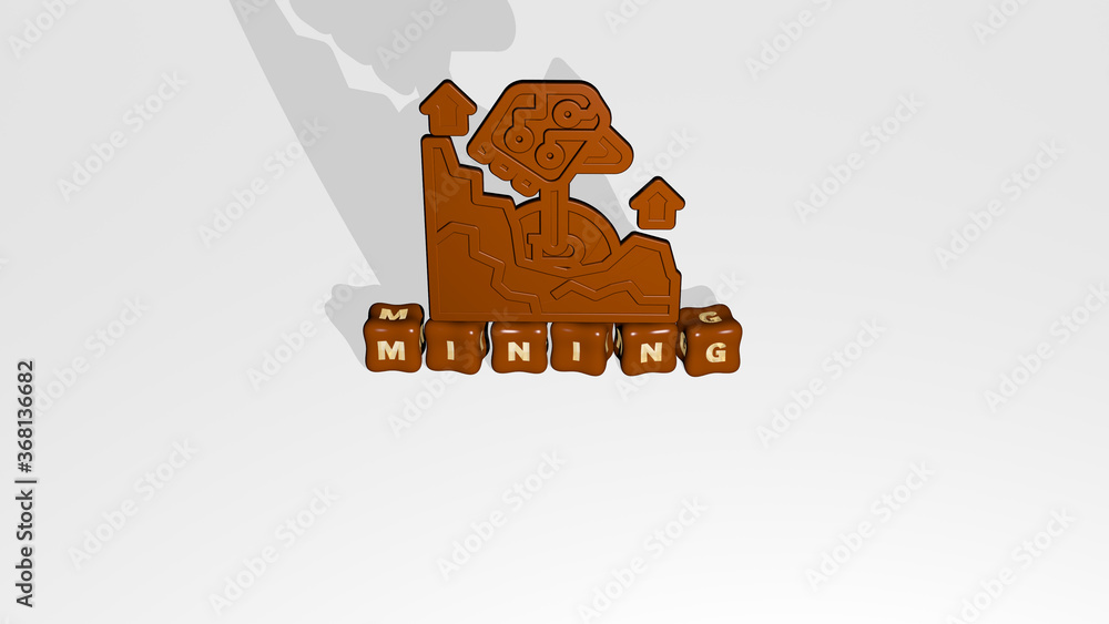 Poster 3d illustration of mining graphics and text made by metallic dice letters for the related meanings o