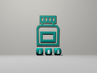 3D graphical image of INK vertically along with text built by metallic cubic letters from the top perspective, excellent for the concept presentation and slideshows. illustration and background