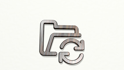 folder sync made by 3D illustration of a shiny metallic sculpture on a wall with light background. business and icon