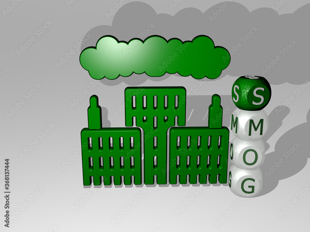 Poster 3d illustration of smog graphics and text around the icon made by metallic dice letters for the rela