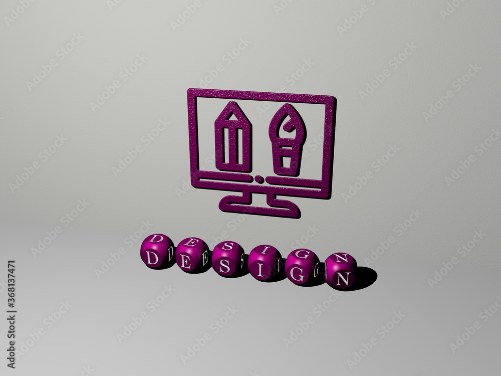 Poster 3d graphical image of design vertically along with text built by metallic cubic letters from the top