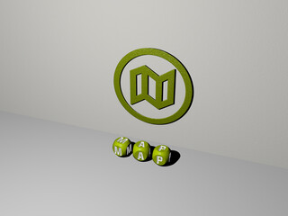 3D representation of map with icon on the wall and text arranged by metallic cubic letters on a mirror floor for concept meaning and slideshow presentation. illustration and background
