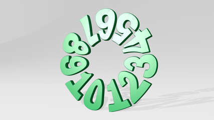 circle of numbers stand with shadow. 3D illustration of metallic sculpture over a white background with mild texture. abstract and design