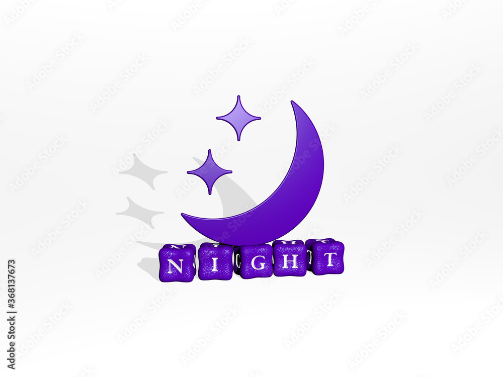 Poster 3d graphical image of night vertically along with text built by metallic cubic letters from the top 