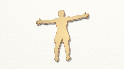 ATHLETIC SPORT ACTIVITY from a perspective on the wall. A thick sculpture made of metallic materials of 3D rendering. athlete and active