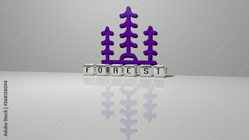 Aufkleber 3d representation of forest with icon on the wall and text arranged by metallic cubic letters on a m