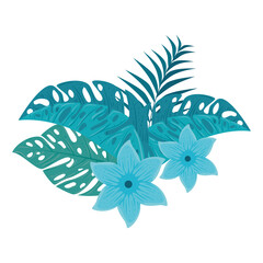 flowers blue color, with branch and tropical leaves on white background vector illustration design