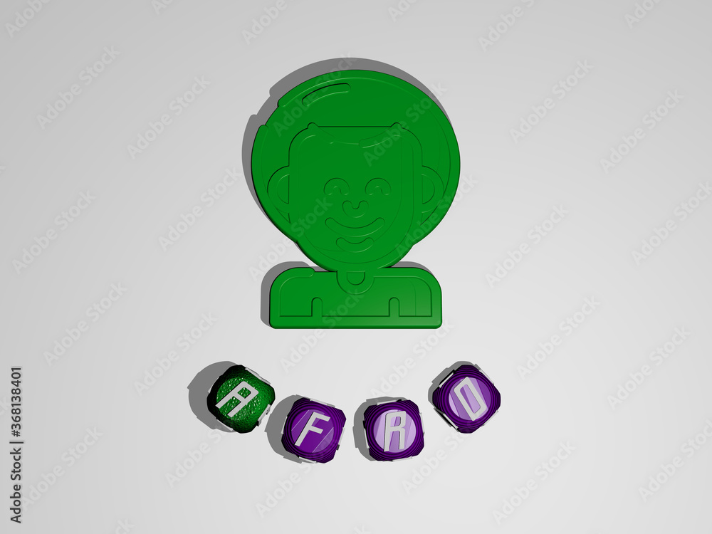 Poster 3d representation of afro with icon on the wall and text arranged by metallic cubic letters on a mir