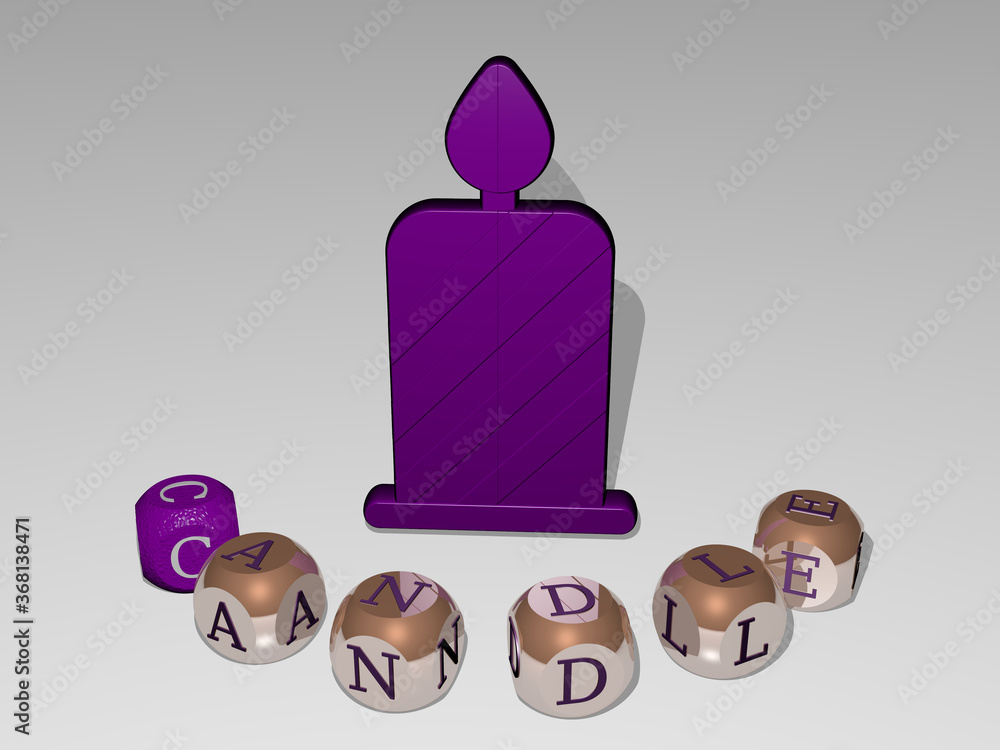 Poster 3d graphical image of candle vertically along with text built around the icon by metallic cubic lett