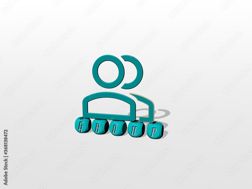 Poster 3D representation of group with icon on the wall and text arranged by metallic cubic letters on a mirror floor for concept meaning and slideshow presentation. background and illustration
