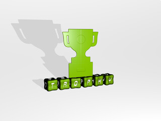 3D representation of TROPHY with icon on the wall and text arranged by metallic cubic letters on a mirror floor for concept meaning and slideshow presentation. illustration and award