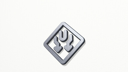 road sign divided highway made by 3D illustration of a shiny metallic sculpture on a wall with light background. city and car