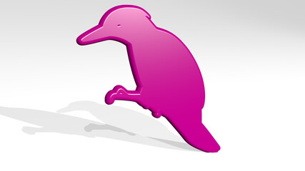 BIRD stand with shadow. 3D illustration of metallic sculpture over a white background with mild texture. animal and beautiful