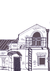 small old two-story brick house with balcony, graphic monochrome drawing