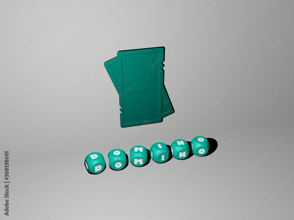 Poster 3d representation of domino with icon on the wall and text arranged by metallic cubic letters on a m