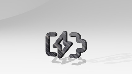 CHARGING BATTERY EMPTY casting shadow with two lights. 3D illustration of metallic sculpture over a white background with mild texture. electric and car