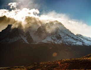 Close up on peaks of Paine Horns mountains in Torres Del Paine. 