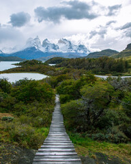 View of Paine Horns mountains in Torres Del Paine seen from overview. 