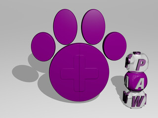 3D graphical image of paw vertically along with text built around the icon by metallic cubic letters from the top perspective. excellent for the concept presentation and slideshows. animal and