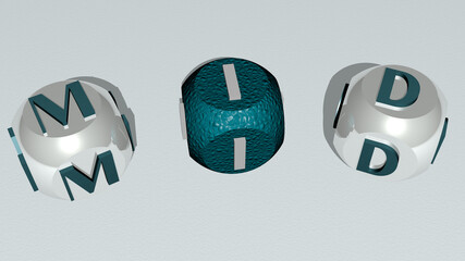 crosswords of MID arranged by cubic letters on a mirror floor, concept meaning and presentation. adult and background