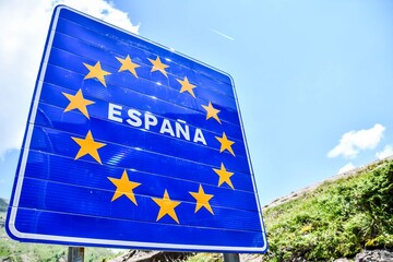 European Border between spain and france in the pyrenees mountains, andorra, road sign, europe