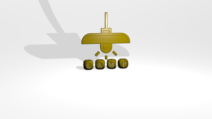 3D illustration of lamp graphics and text made by metallic dice letters for the related meanings of the concept and presentations. background and light