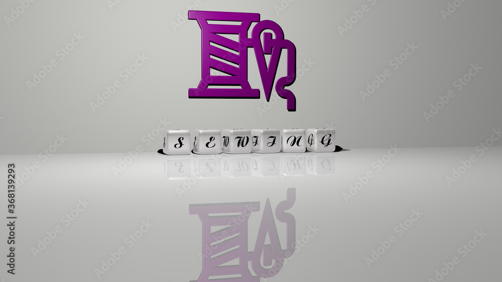 Poster 3d graphical image of sewing vertically along with text built by metallic cubic letters from the top