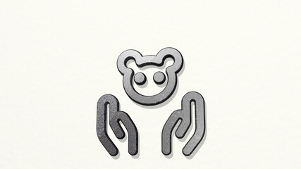 WILDLIFE PROTECTION HOLD on the wall. 3D illustration of metallic sculpture over a white background with mild texture. animal and nature
