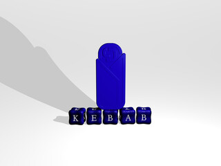 3D graphical image of kebab vertically along with text built by metallic cubic letters from the top perspective, excellent for the concept presentation and slideshows. barbecue and meat