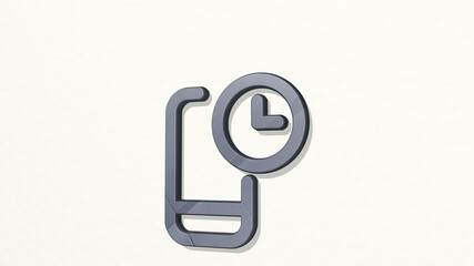 phone action clock from a perspective on the wall. A thick sculpture made of metallic materials of 3D rendering. mobile and business