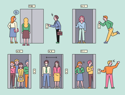 People who act rude in front of the elevator. flat design style minimal vector illustration.