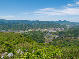 Fototapeta na wymiar View from rocky hill, town and sky in Fukuoka prefecture, JAPAN.