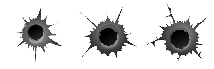 Bullet hole on white background. Set of realisic metal bullet hole, damage effect. Vector illustration. - obrazy, fototapety, plakaty