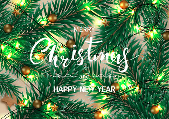 Christmas background decorated with pine tree branches sparkling light, Christmas ball, star. Top view. Vector illustration.