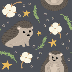 Seamless childish pattern with cute hedgehogs and nature elements. Creative print for the design of children's goods and products. Vector illustration