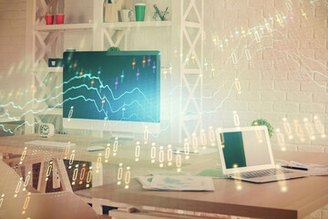 Double exposure of financial graph drawing and office interior background. Concept of stock market.