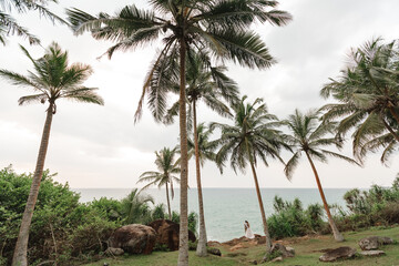 Obraz premium Just married couple standing on sea cliff under palm tree and enjoy view on tropical sand beach. Back view bride and groom looking at the blue ocean